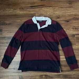 Vintage‎ 90s Burgundy Navy Striped Rugby Polo Shirt Women Small Preppy Academia